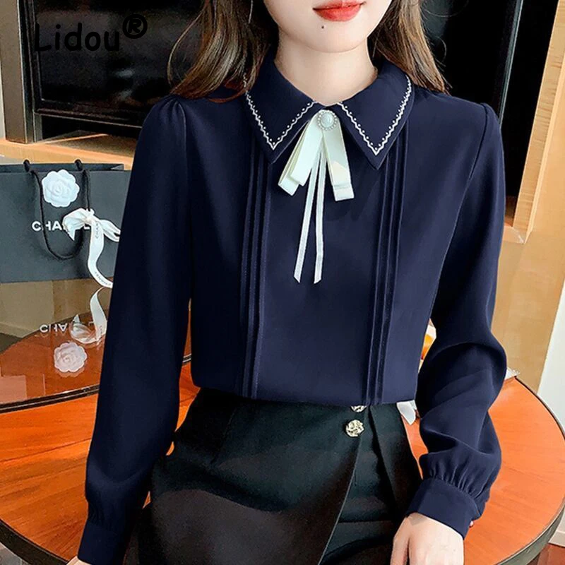

High Quality Elegant Chic Bow Embroidery Sweet Tops Blouses Women Korean Fashion Ruffled Casual Long Sleeve Solid Shirts Clothes