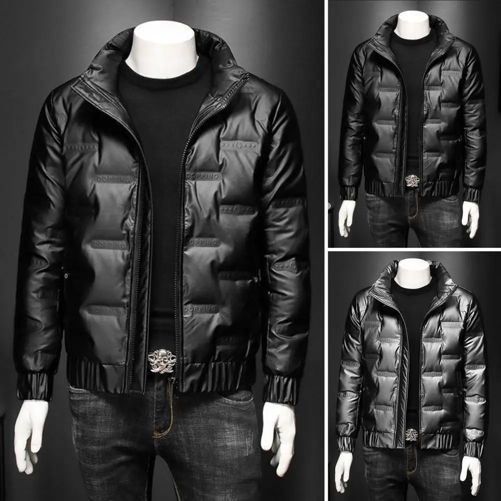 

Men Down Cotton Jacket Autumn Winter Long Sleeves Stand Collar Cuffed Zipper Regular Fit Shiny Solid Color Warm Male Short Coat