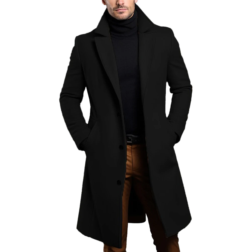 

Long Warm Black Trench Coat Men Single Breasted Luxury Wool Blends Overcoat Top