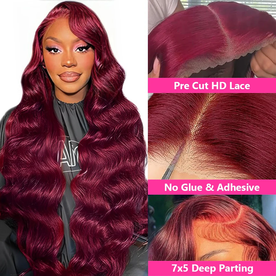 

9​9J Glueless Wig Burgundy Body Wave Lace Front Wigs Human Hair Colored 180% 30 32Inch Ready to Wear Red 7x5 Lace Closure Wig