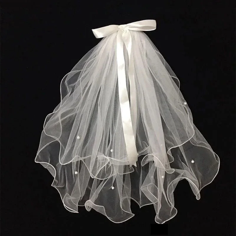 

Ramanda Two Layers Short Wedding Veils For Kids Dolls Pearls Tulle Bridal Veil With Comb Bow Ribbon Edge Wedding Accessories