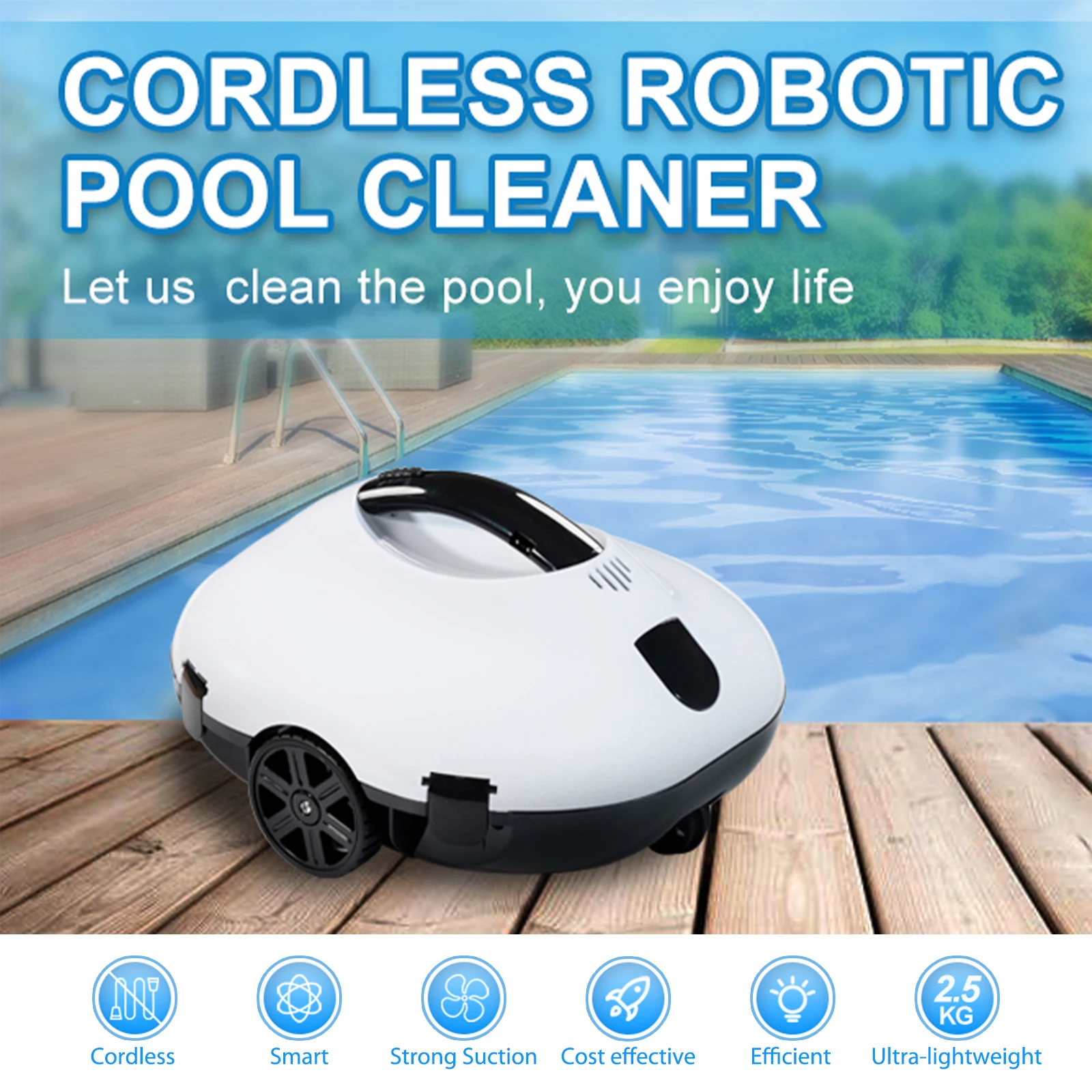 Full Automatic Cordless Robotic Pool Cleaner Waterproof Suction Self-Parking 130Mins Runtime Automatic Pool Vacuum
Full Automatic Cordless Robotic Pool Cleaner Waterproof Suction Self-Parking 130Mins Runtime Automatic Pool Vacuum