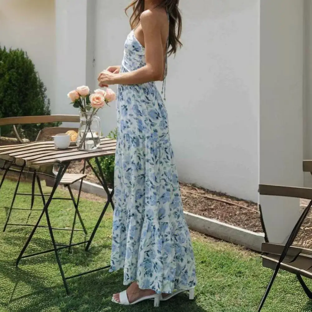 

Spliced Pleat Details Loose Cut Dress Floral Print Halter Maxi Dress for Women Vacation Beach Sundress with Off Shoulder Design