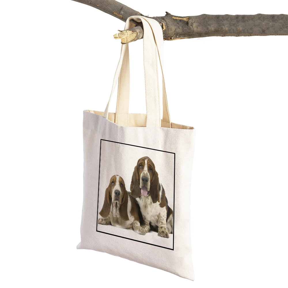 

Basset Hound Dog Canvas Women Lady Tote Handbag Foldable Supermarket Shopper Bags Cute Pet Animal Casual Travel Shopping Bag