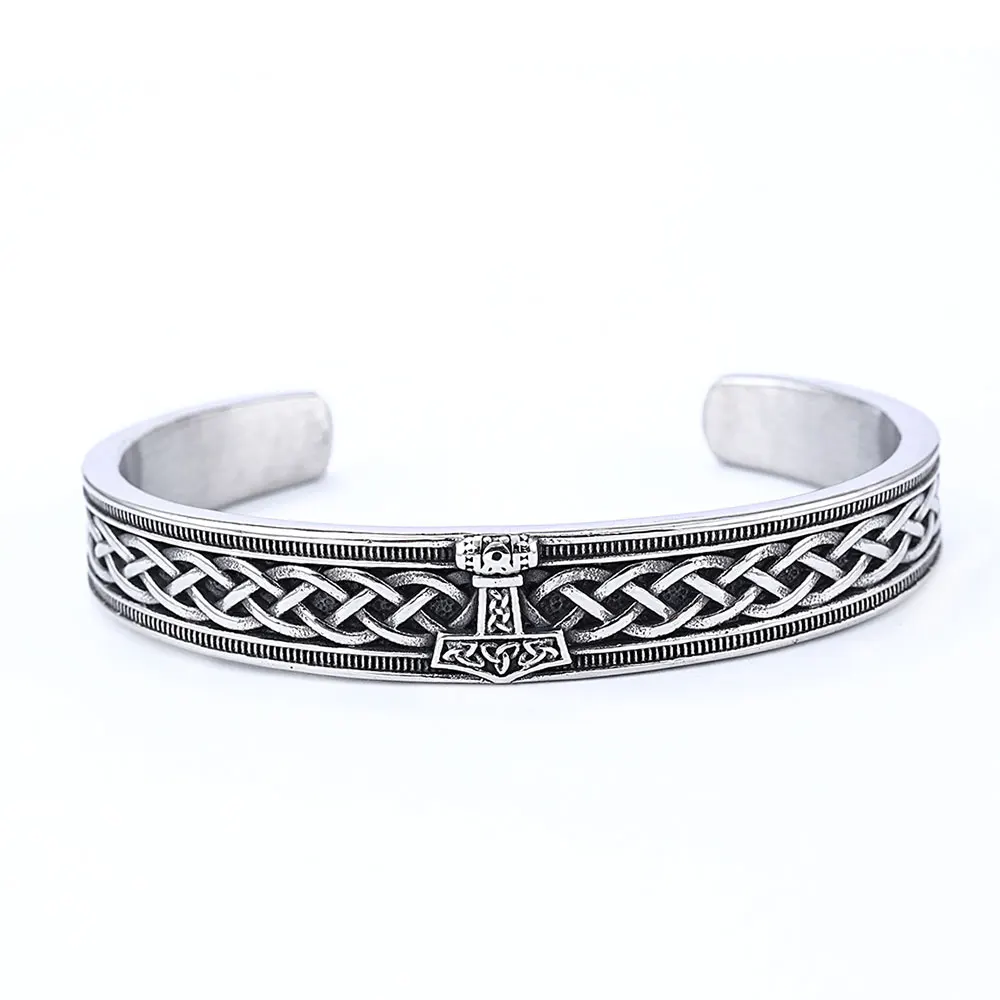 

Norse Viking Rune Thor Hammer Cuff Bracelet Stainless Steel Jewelry Classic Celtic Knot Biker Mens Bangle SJB0393A