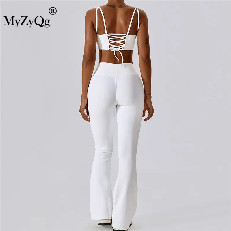 

MyZyQg Women Quick Dry Hollow Back Yoga Two-piece Set Tight Running Fitness Sports Gym Pilate Flared Trousers Pant Suit Clothes