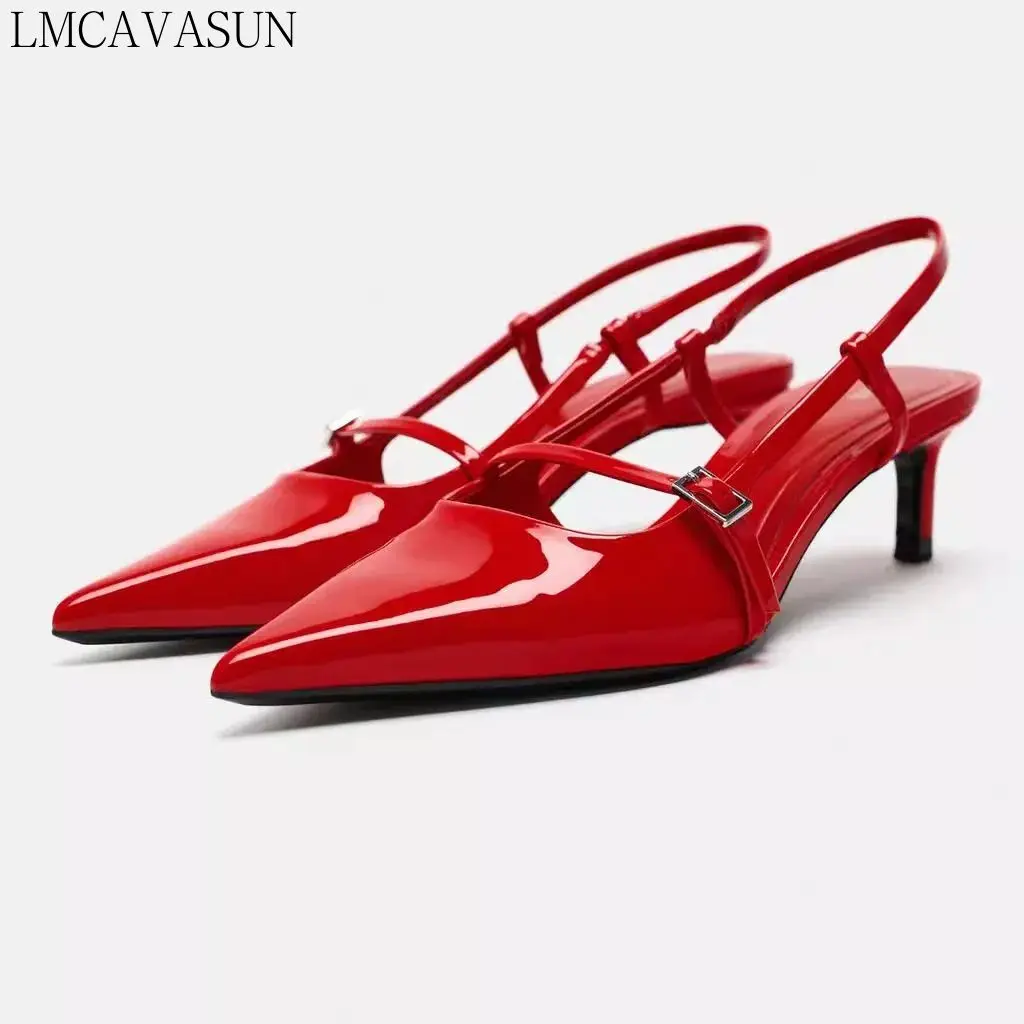 

LMCAVASUN 2024 женские сандалии из лакированной кожи пикантные туфли с острым носком и ремешком на щиколотке искусственная обувь на высоком каблуке Летняя Свадебная обувь для женщин 345-42