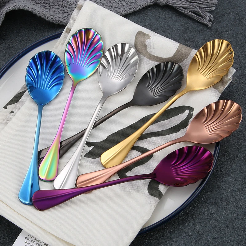 

Shell Shape Stainless Steel Spoons Long Handle Teaspoons Coffee Strring Spoons Ice Cream Sugar Honey Dessert Spoons Kitchen Tool
