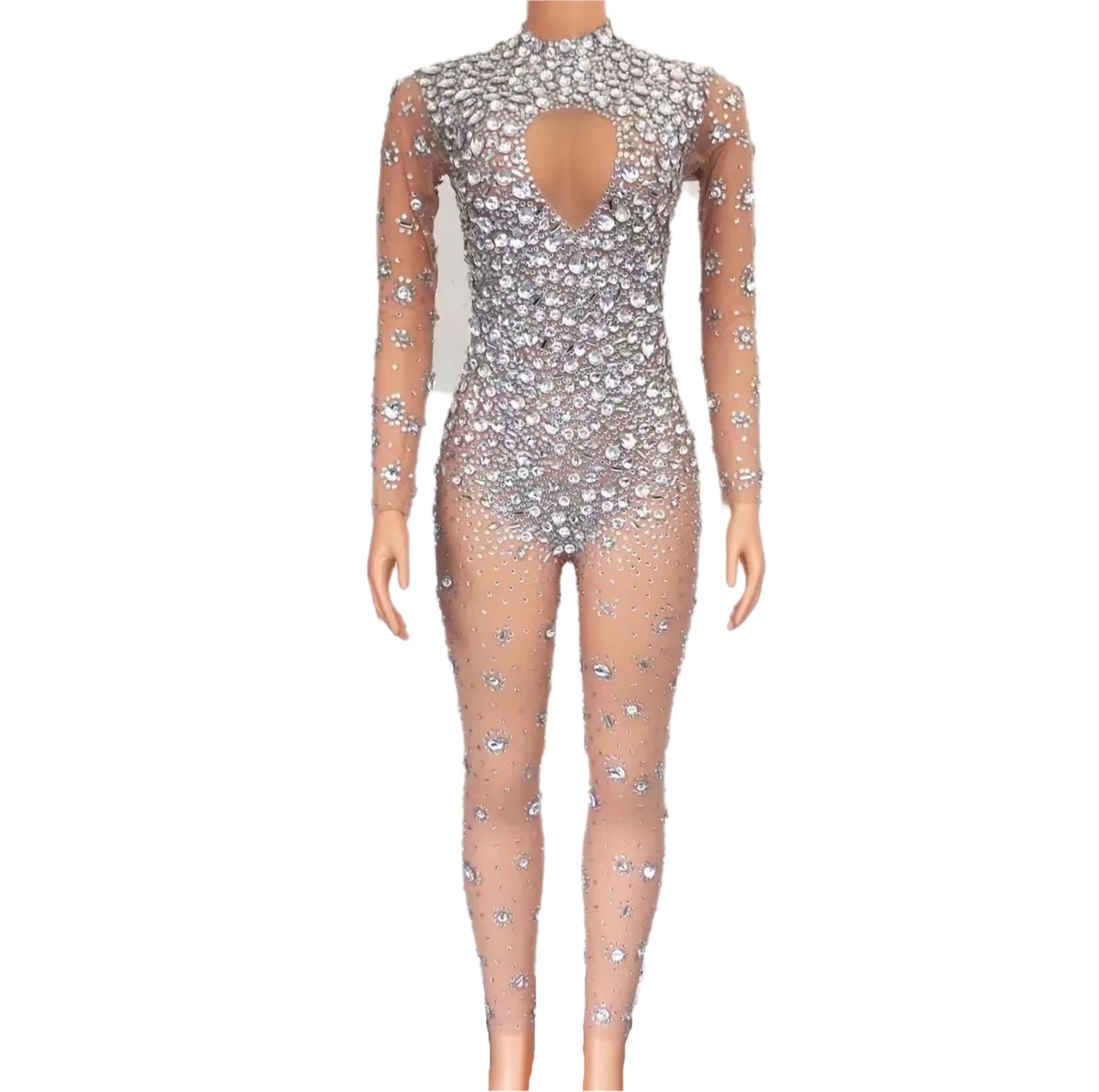 

Nude Shining Crystal Sexy Long Sleeves Jumpsuits For Women Nightclub DJ Clothing Party Carnival Wears Stage Singer Costumes