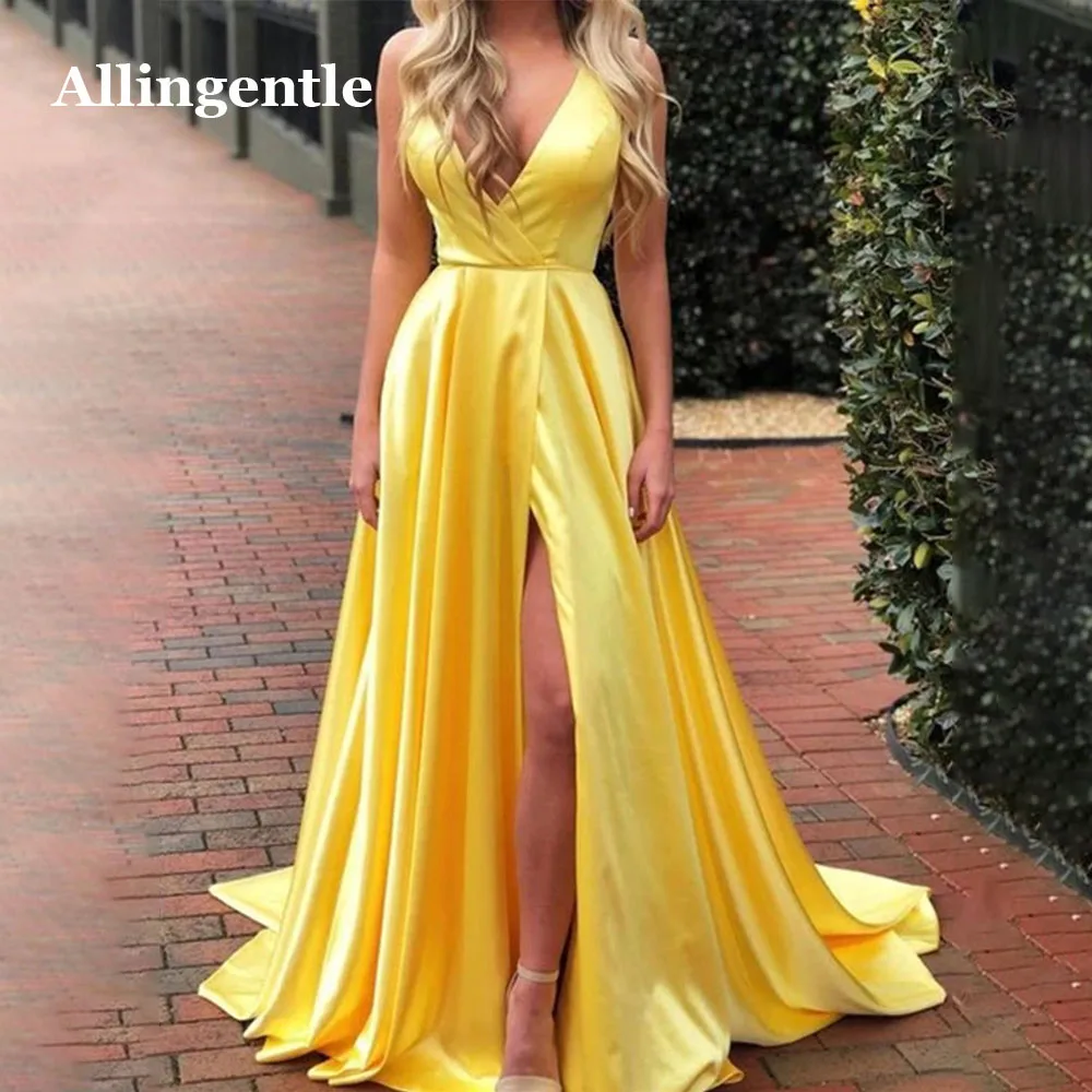

Allingentle Women Bridesmaid Dresses For Wedding V-Neck Spaghetti-Strap Satin Evening Prom Dress A-Line Party Gowns Side Slit