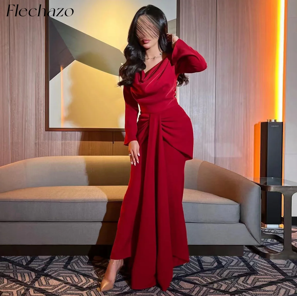 

Flechazo Red Evening Dresses O Neck Floor-Length Simple Elegant Celebrity Party Dress For Women 2024 платье на выпускной