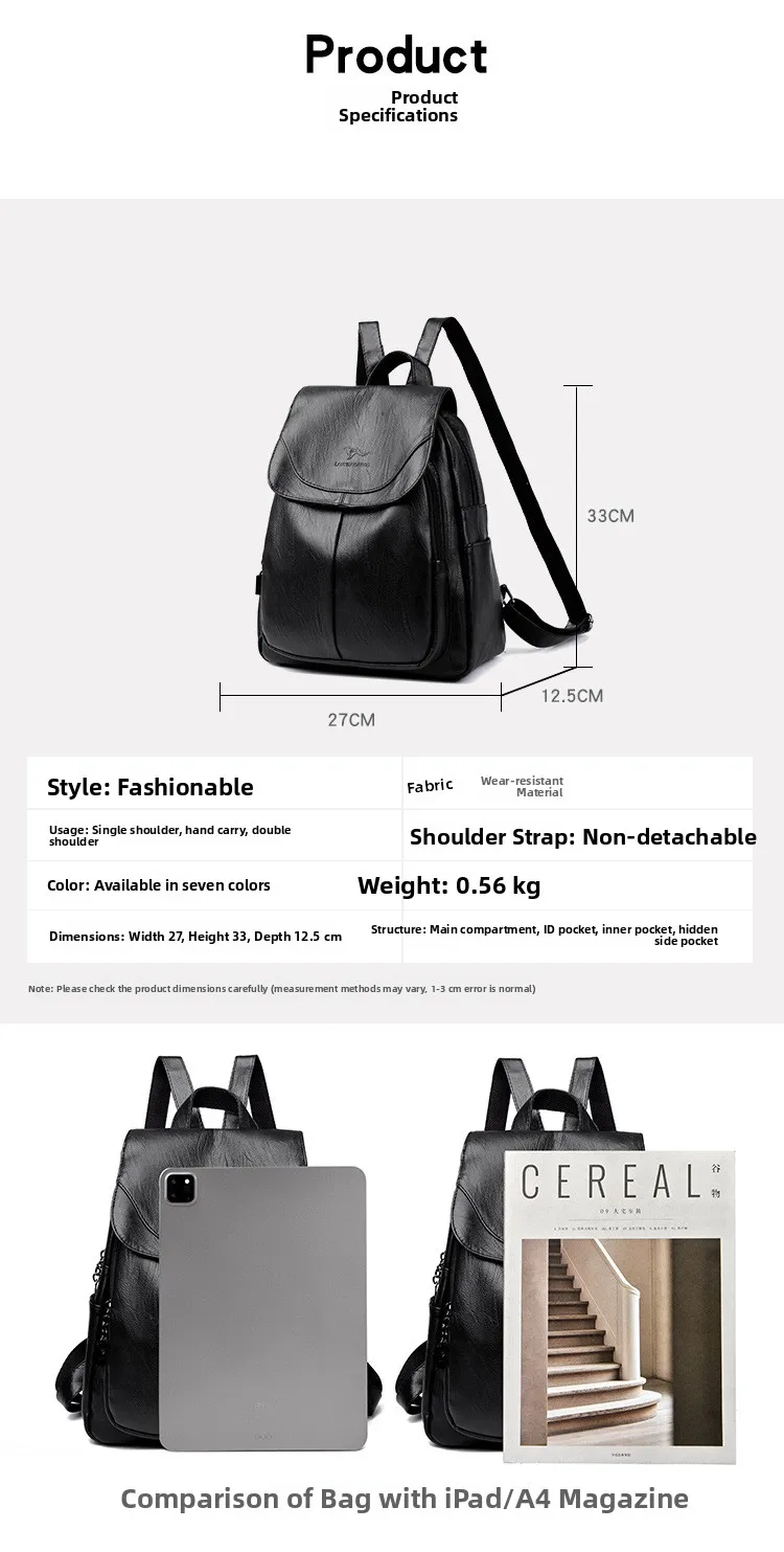 Women's Large Capacity Soft Leather Backpack Fashionable Versatile Travel Bag Urban Minimalist Style PU Material Zipper Opening Women's Large Capacity Soft Leather Backpack Fashionable Versatile Travel Bag Urban Minimalist Style PU Material Zipper Opening