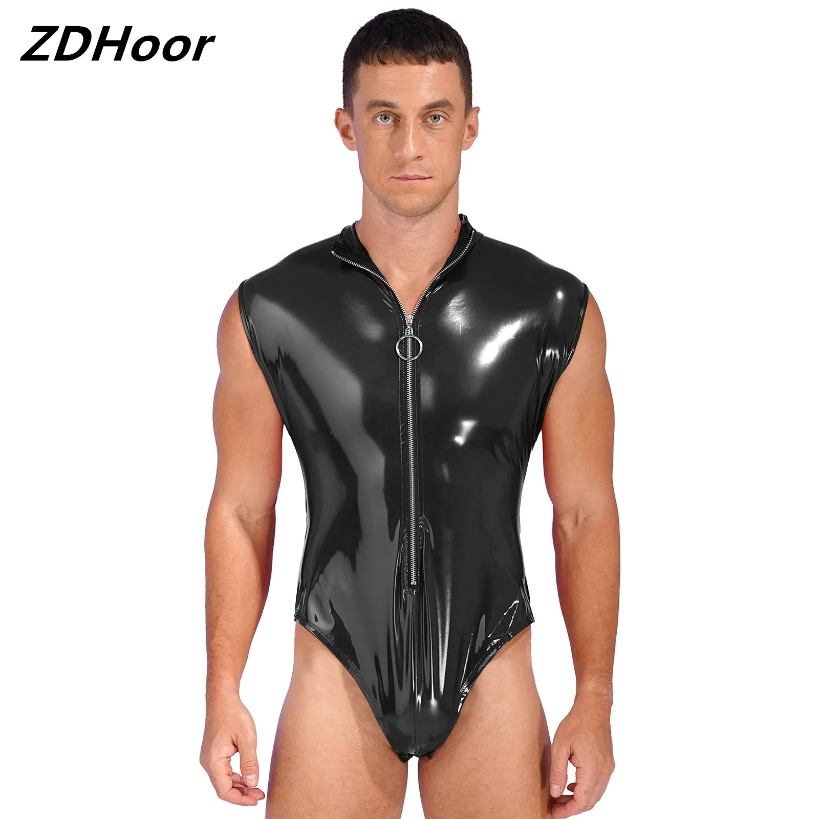 Mens Fashion Zipper Sleeveless Bodysuit Clubwear Stand Collar Leotard Glossy Patent Leather Catsuit
Mens Fashion Zipper Sleeveless Bodysuit Clubwear Stand Collar Leotard Glossy Patent Leather Catsuit