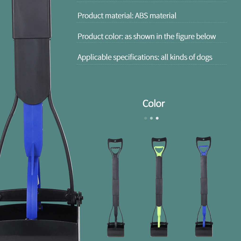 Dog Poop Scooper | Jaw Clamp Heavy Duty Poop Scooper A product display showing three color variations of the pooper scooper: solid black, black with lime green accents, and black with royal blue accents. Text above lists the material as "ABS material" and notes it is applicable for all kinds of dogs.