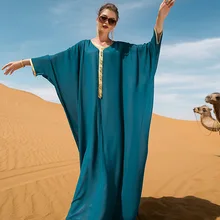 

Women Dress New Lake Blue Gold Ribbon Cape Dubai Abaya Loose Batwing Sleeve Robe Femme Vintage Vestidos Elegantes Para Mujer