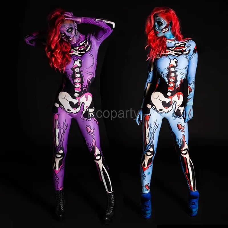 

New Women Human Skeleton Bodysuit 3D Horror Devil Ghost Specter Cosplay Jumpsuit Halloween Carnival Party Performance Costumes