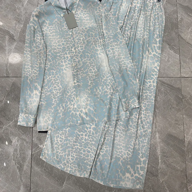 

Women's Blue Leopard Pattern Sets Trendy Single Breasted Lapel Long Sleeve Shirts High Waist Acetic Acid Blending Straight Pants