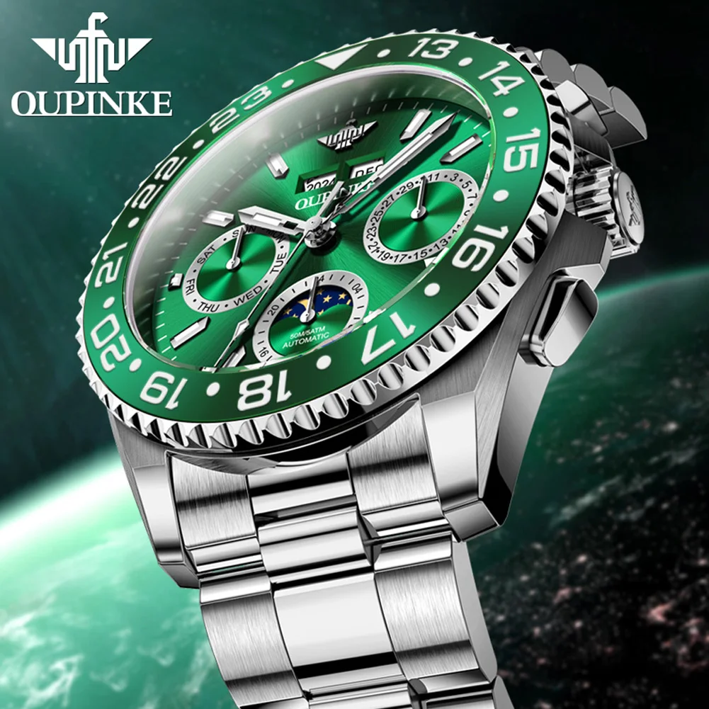 PINKE-Montre mécanique étanche entièrement automatique pour homme, montres de tempérament vissées, surface miroir saphir Shoous, phase de lune et date 4