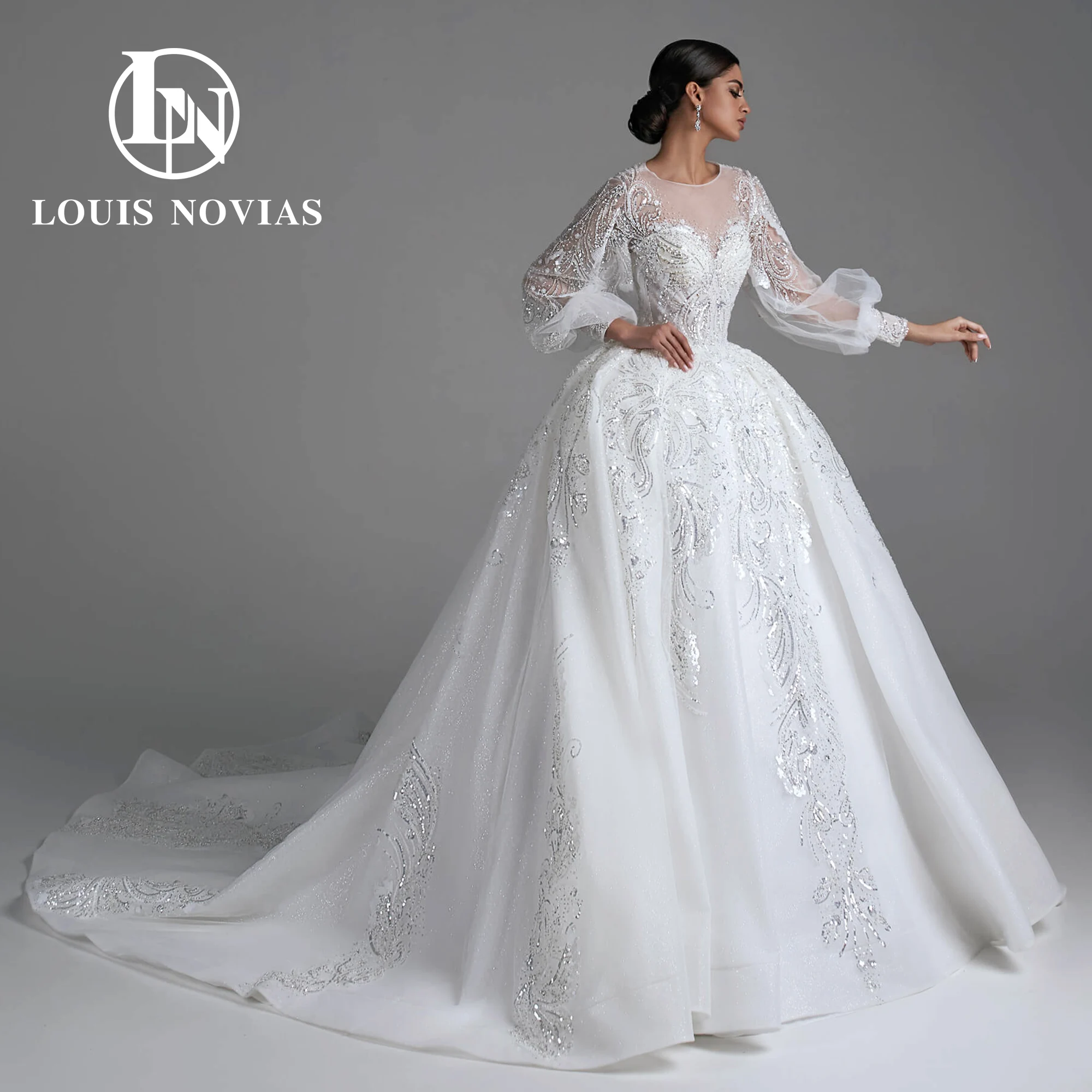 

LOUIS NOVIAS Luxury Ball Gown Wedding Dress 2023 Invisible Neckline Embroidery Beading Lace Royal Wedding Gown Vestidos De Novia