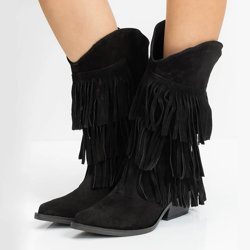 

Neutral Black Fringe Mid Calf Boots Low Chunky Heels Pointed Toe Tassels Punk Boots Stretch Slip-on Women Ridding Boots