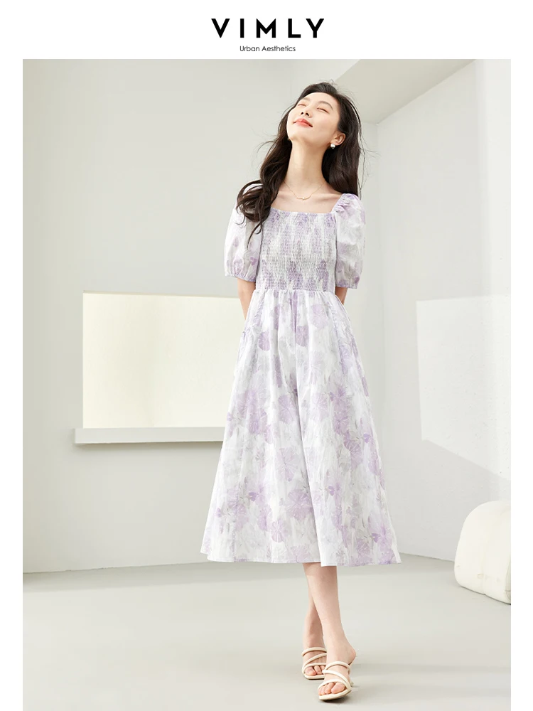 

Vimly French Style Floral Midi Dress Women 2024 Summer Fashion Square Collar Puff Sleeve Smocking A-line Elegant Dresses 16589