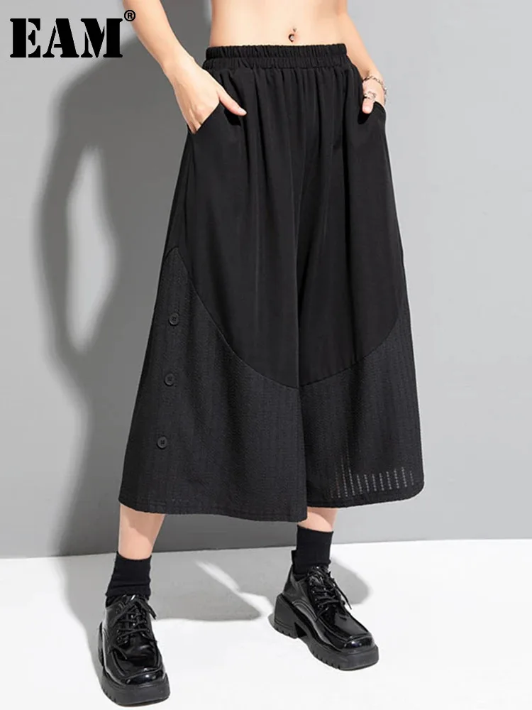 

Женские широкие брюки EAM, черные свободные брюки в полоску с высокой эластичной талией, весна-осень 2024