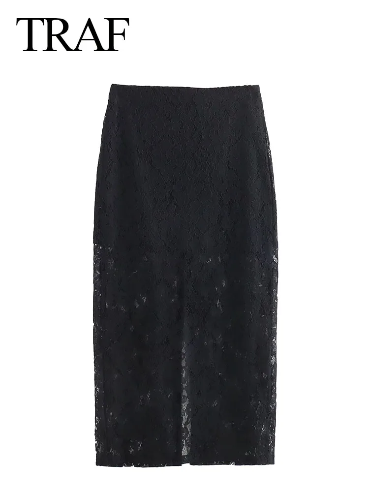 

TRAF Women Elegant Lining High Waist Straight Skirt Woman Lace Hollow Zipper Slit Hem Decorate Midi skirt Streetwear Mujer