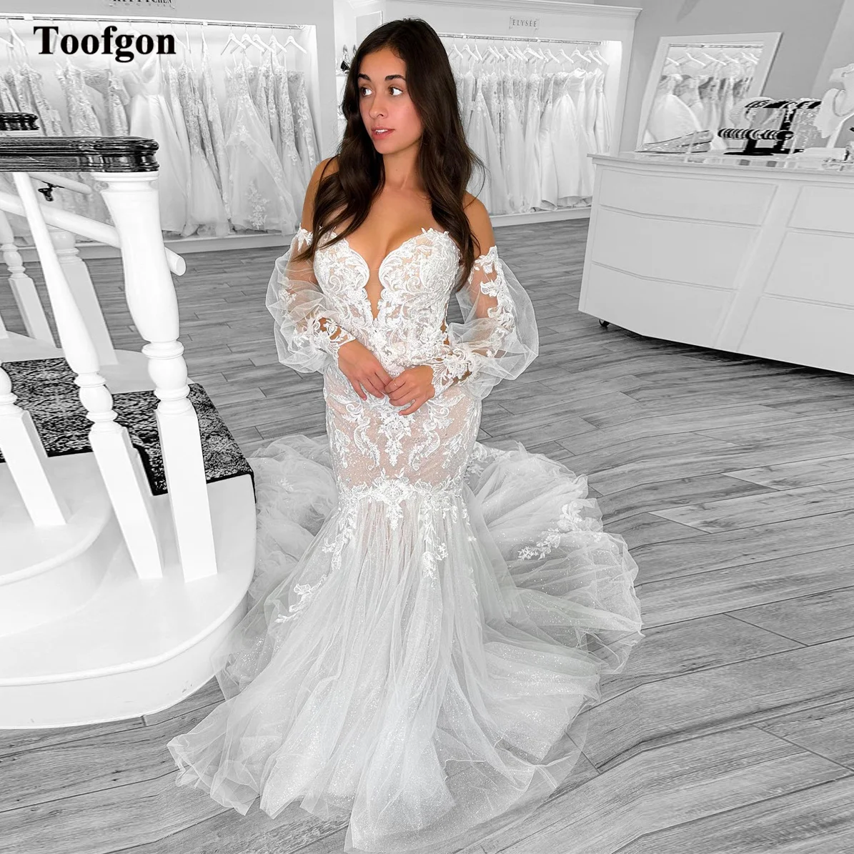 Toofgon Shiny Mermaid Soft Tulle Bride Dresses Lace Wedding Dress Detachable Long Sleeves Bridal Gowns Women Formal Party Dress
Toofgon Shiny Mermaid Soft Tulle Bride Dresses Lace Wedding Dress Detachable Long Sleeves Bridal Gowns Women Formal Party Dress