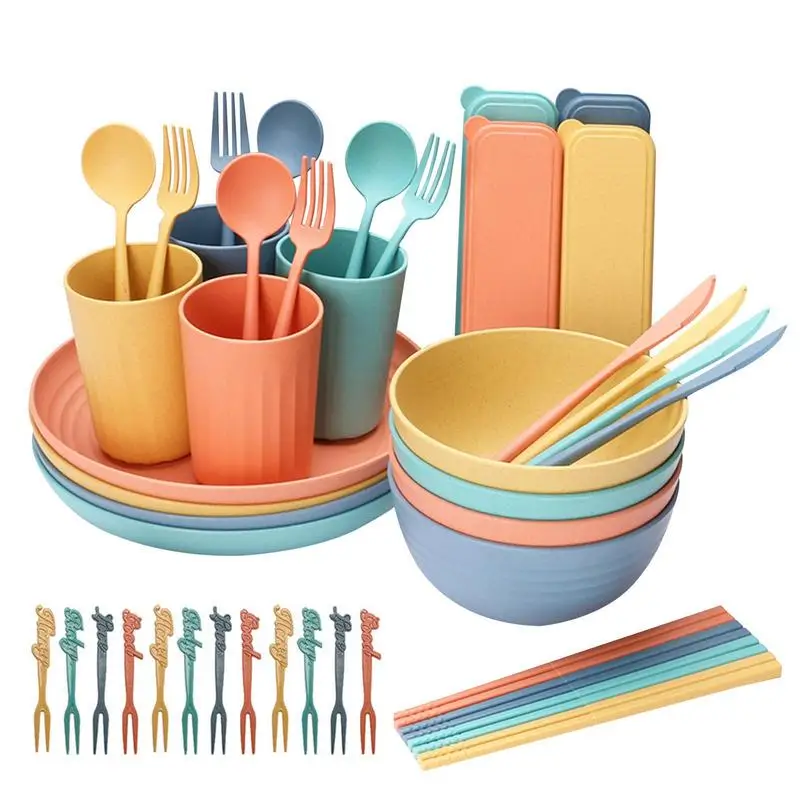 

A Set Colorful Straw Dinnerware Kitchen Utensils Reusable Tableware Lightweight Unbreakable Dishwasher Microwave Safe tools