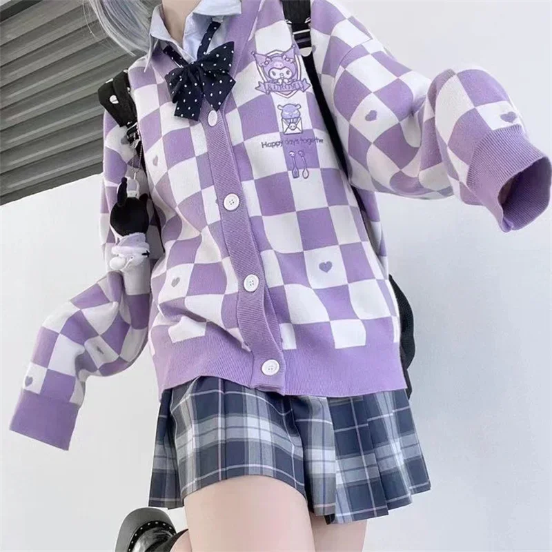 

Женский Пурпурный кардиган с помпоном Sanrio Y2k My Melody Kuromi Cinnamoroll, осенне-зимний женский свитер, повседневная куртка, свитер, подарки