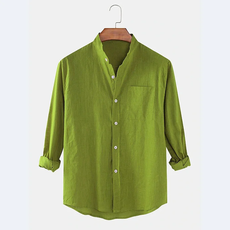 2022 men's solid color loose stand collar shirt top casual long sleeve pocket cotton linen shirt
2022 men's solid color loose stand collar shirt top casual long sleeve pocket cotton linen shirt