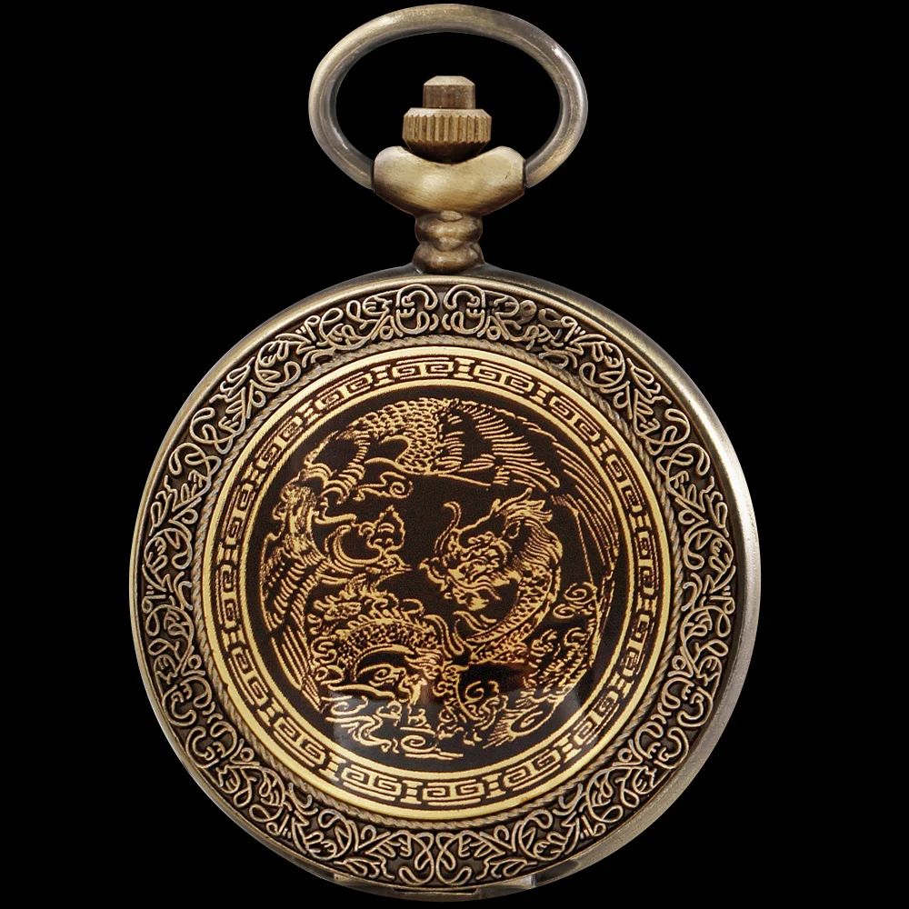 

Large Chinese Dragon Phoenix Pattern Quartz Pocket Watch Vintage Steampunk Men's and Women's Necklace Waistchain Clock Gift