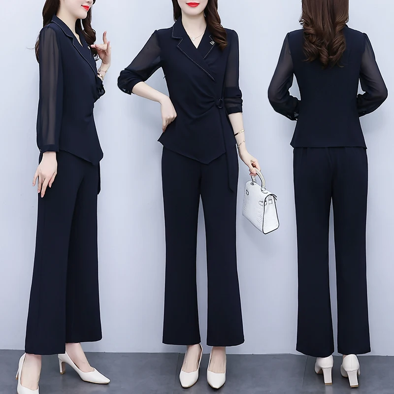 

Women'S Lacing Turn Collar Long Sleeve Pants Sets,Fashion Solid Oversize Two Piece Outfits Suits,Office Lady Clothes,New,2024