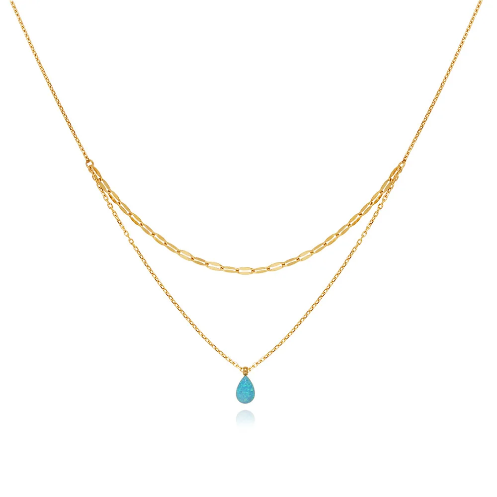 

RHYSONG Women Blue Tear Mini Australian Opal Stone Blue Droplet Sparkling Layer Necklace Stainless Steel Plated 18K Gold Jewelry