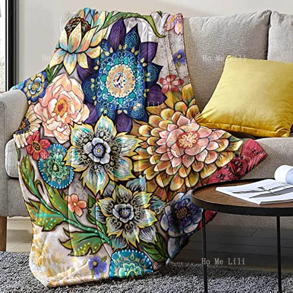 

Floral Throw Blanket, Vibrant Color Boho Flowers Blossom Cozy Decor Throws for Sofa Bed Couch Chair or Dorm