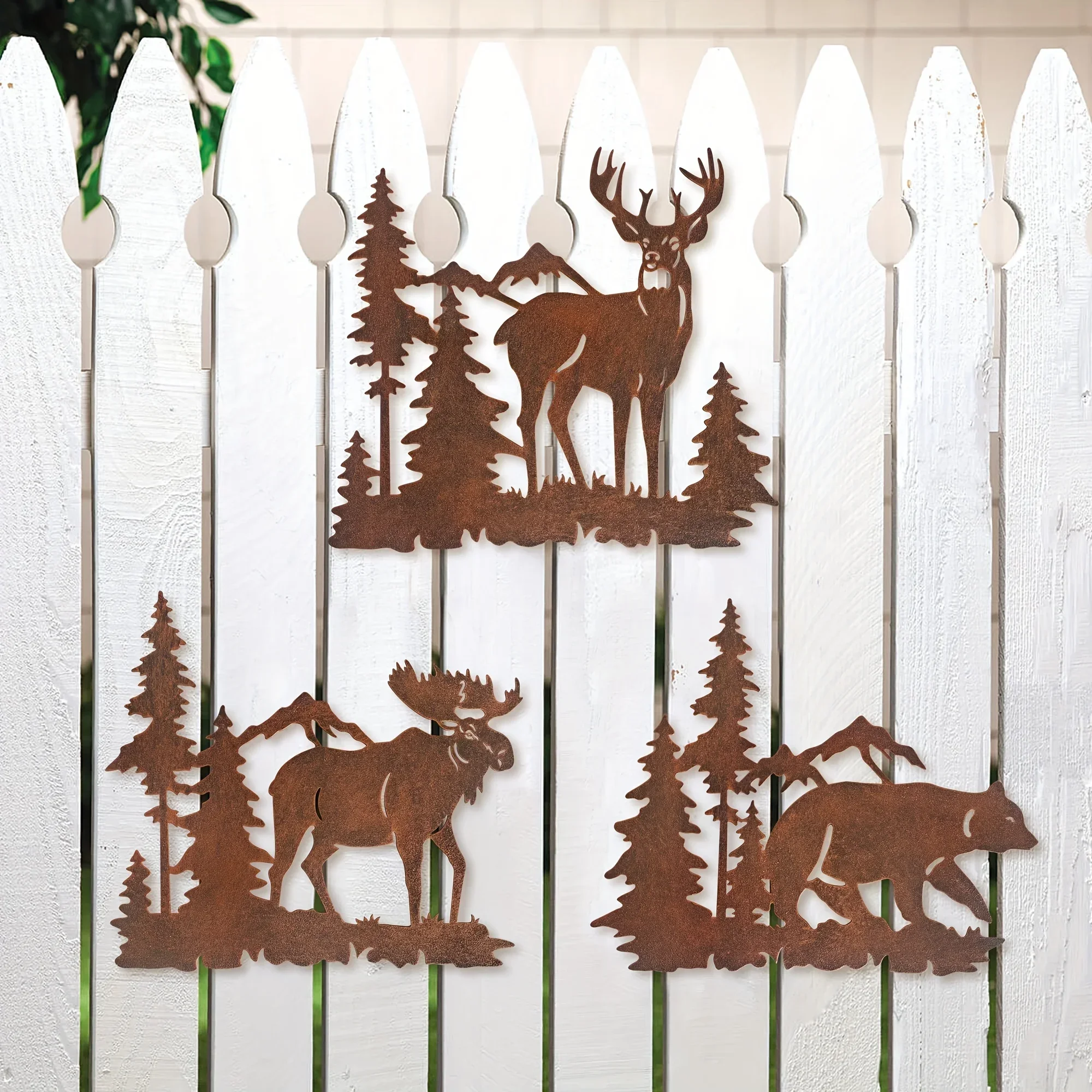 

metal iron , Metal Wall Hanging Art Decor Deer Bear Moose in The Forest Pine Tree Set of 3 Rustic Concise Decoration Wall Mounte