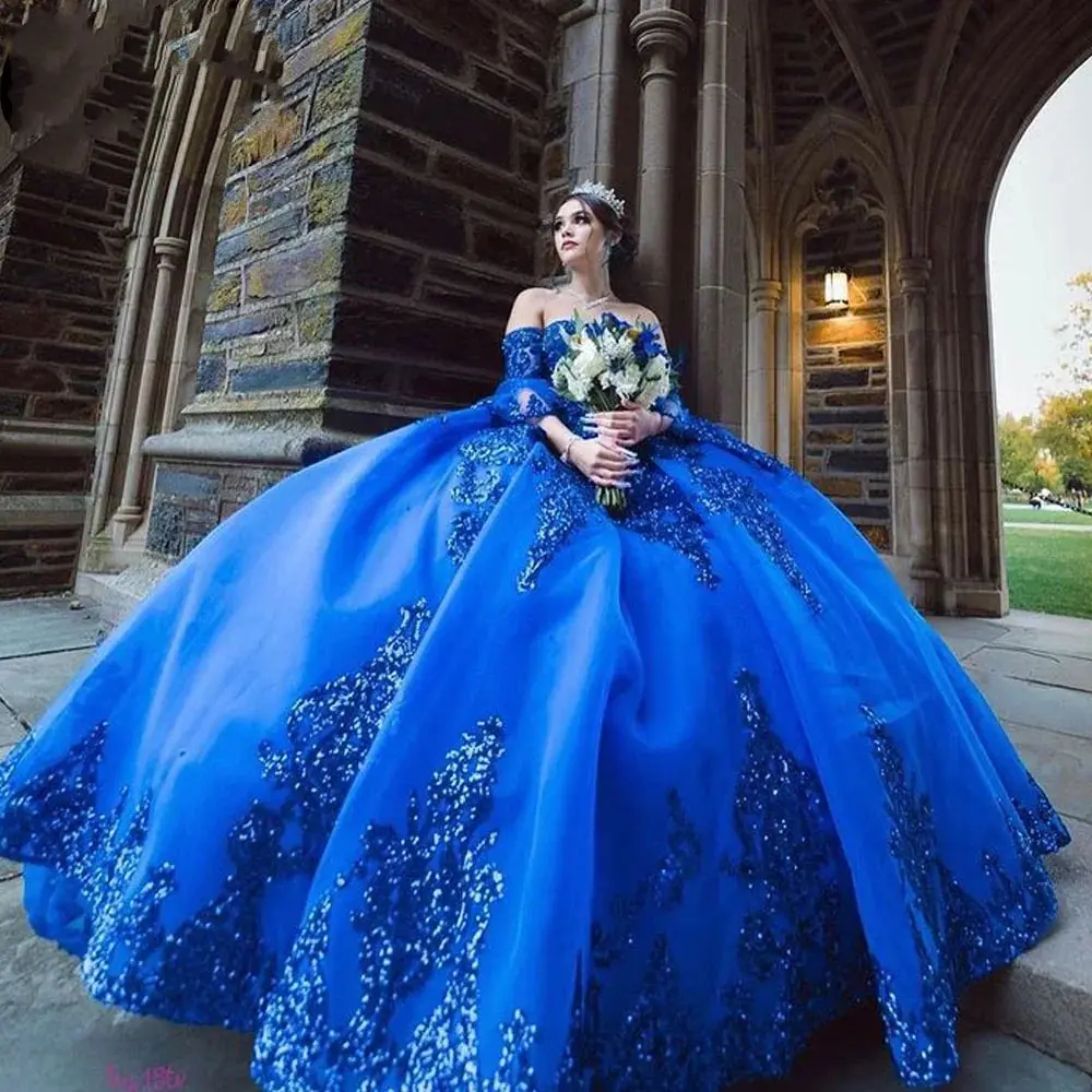 

Royal Blue Sweet 16 Quinceanera Dress Ball Gown Trumpet Sleeves Shiny Applique Mexico Vestidos De 15 Años