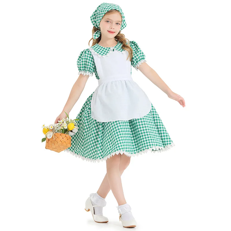 

Halloween Colonial Costumes Pioneer Girls Pastoral Style Green Lattice Farm Maid Cosplay Carnival Party Fancy Dress Up for Kids