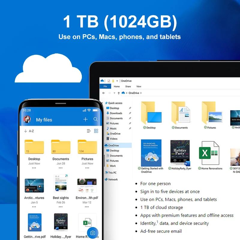 

1TB OneDrive Cloud Storage Upgrade For Computers, Notebooks, Tablets, Phones Support multi-platform use