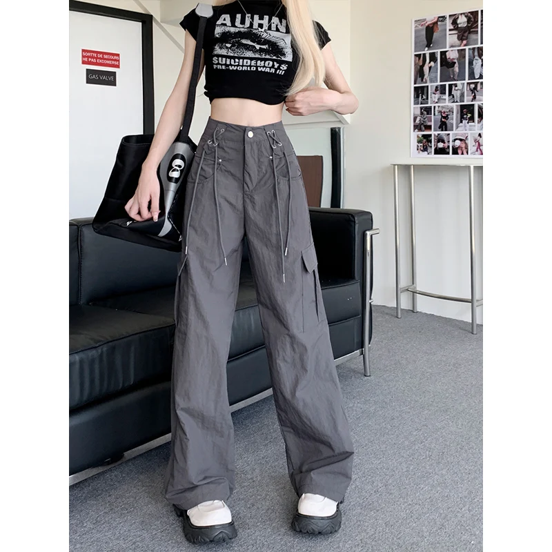 

Женские свободные брюки-карго Y2k, серые парашютные брюки-багги в стиле хиппи, уличная одежда, широкие брюки в Корейском стиле