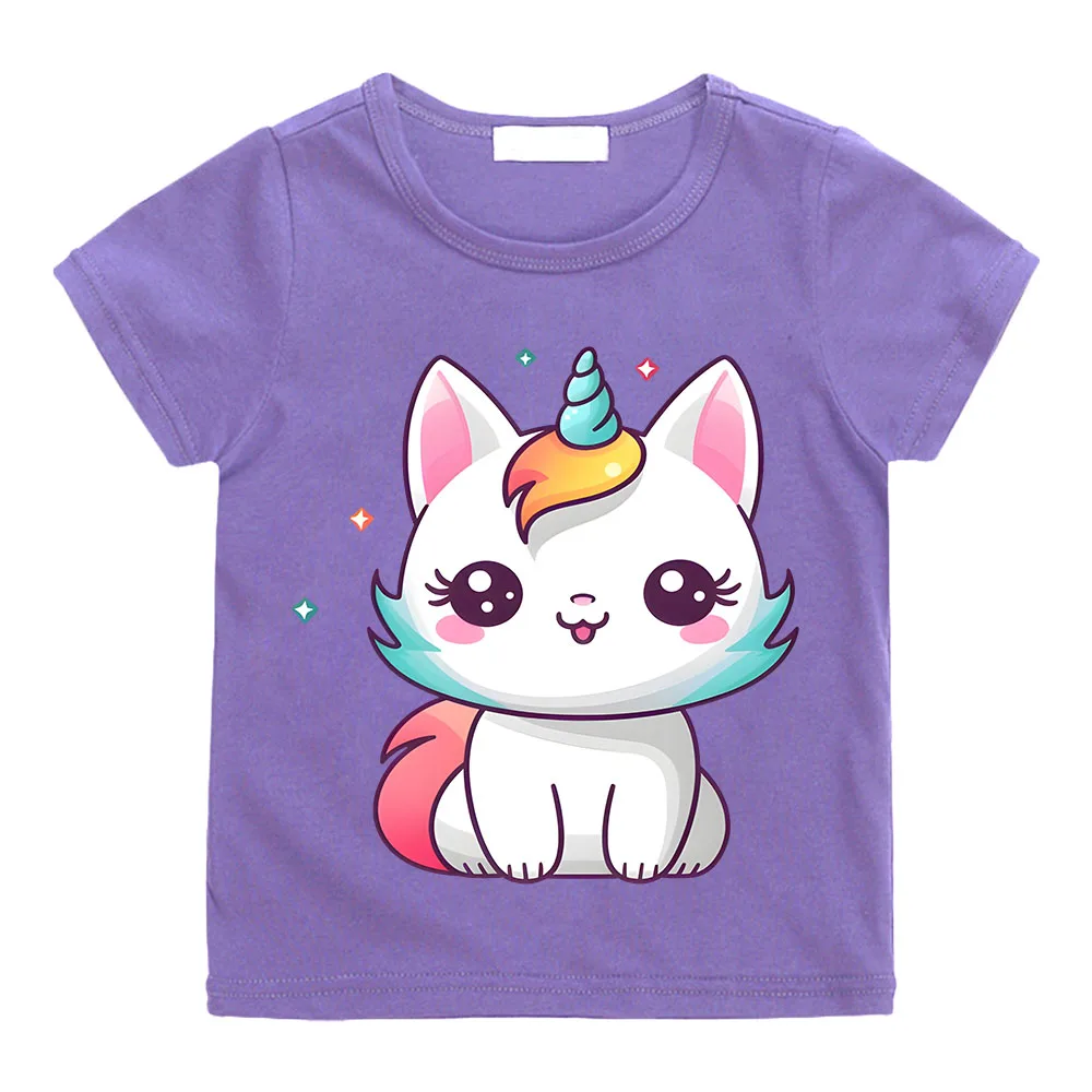 

Футболка для мальчиков и девочек, летняя детская футболка с радужным принтом кота, забавная Милая футболка с единорогом, новая детская футболка с круглым вырезом и милым дизайном