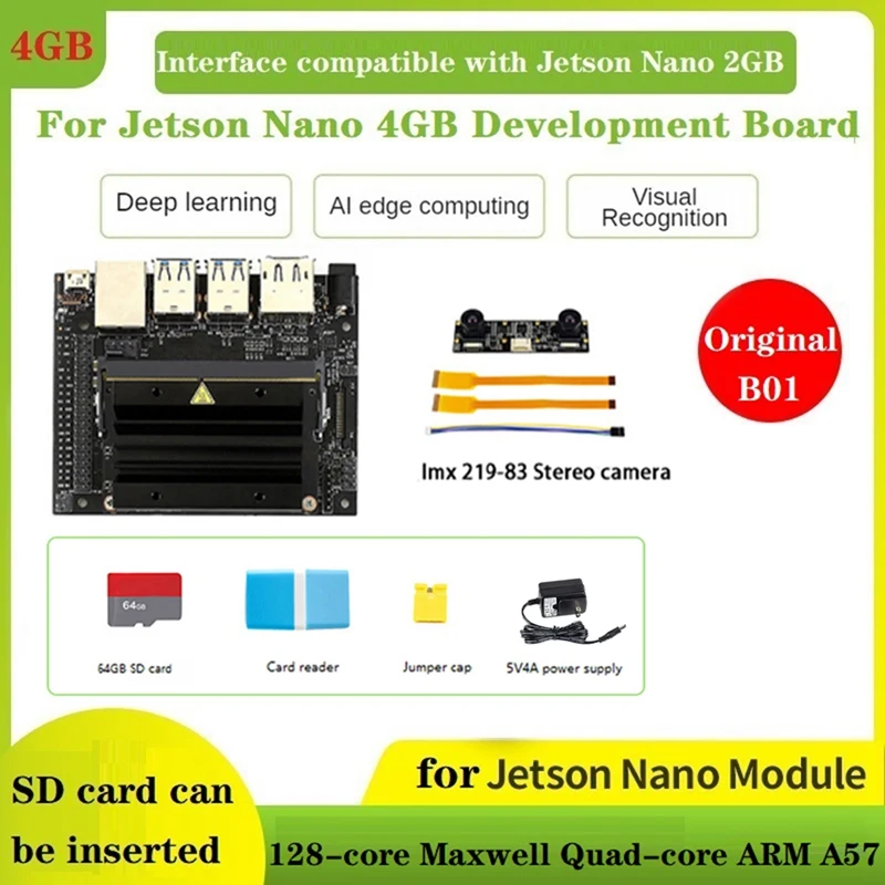 1 комплект для Jetson Nano 4 Гб AI Development + стандартная стереокамера + SD-карта 64 ГБ + кардридер + Джампер + вилка стандарта США
1 комплект для Jetson Nano 4 Гб AI Development + стандартная стереокамера + SD-карта 64 ГБ + кардридер + Джампер + вилка стандарта США