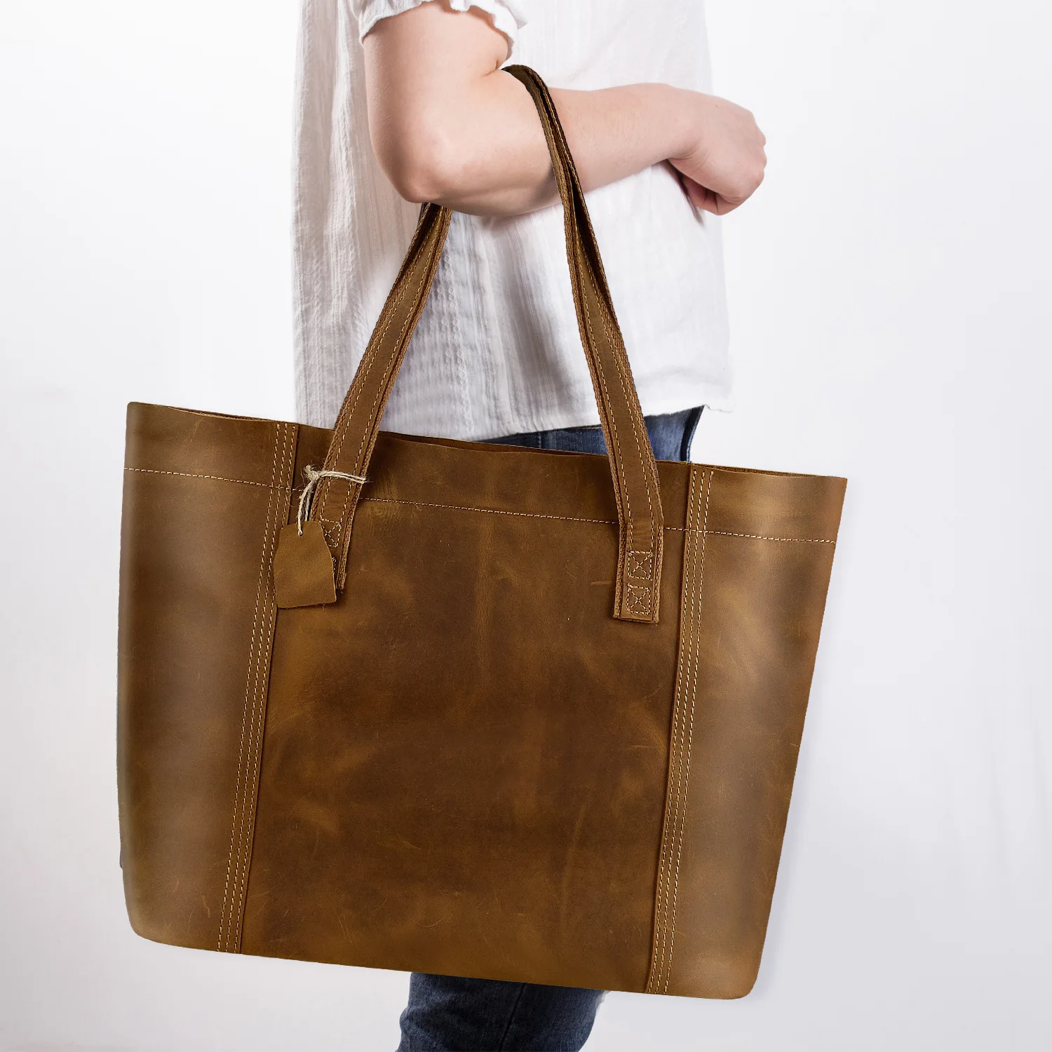 

Retro Women's Tote Bag Vintage Crazy Horse Leather Shopper Handbags Brown Genuine Cowhide Large Designer Purse