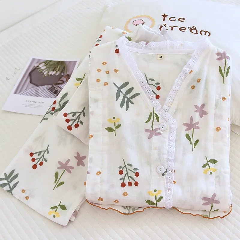

Костюм для беременных из чистого хлопка с цветочным принтом для грудного вскармливания Новинка Весна 2023 Пижама с V-образным вырезом одежда для кормления