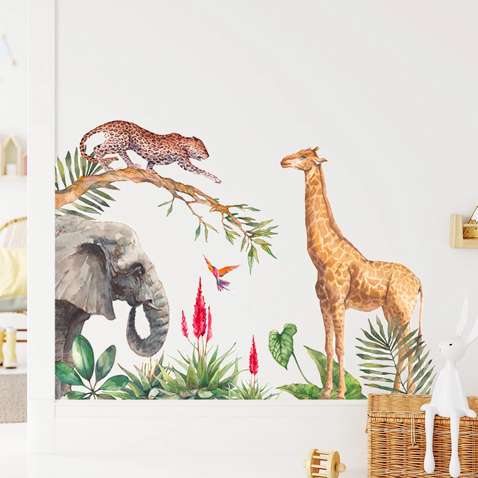 

Мультяшный Жираф Леопард слон животные акварельные детские наклейки на стену виниловые Детские художественные наклейки для маленьких мальчиков домашний декор для комнаты
