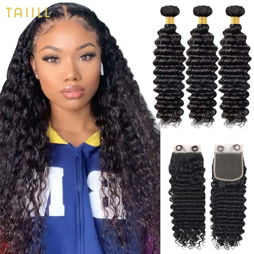 

Deep Wave Bundles With Closure 100% Unprocessed Virgin Human Hair Wet And Wavy Brazilian Weave Bundles and Closure For Women