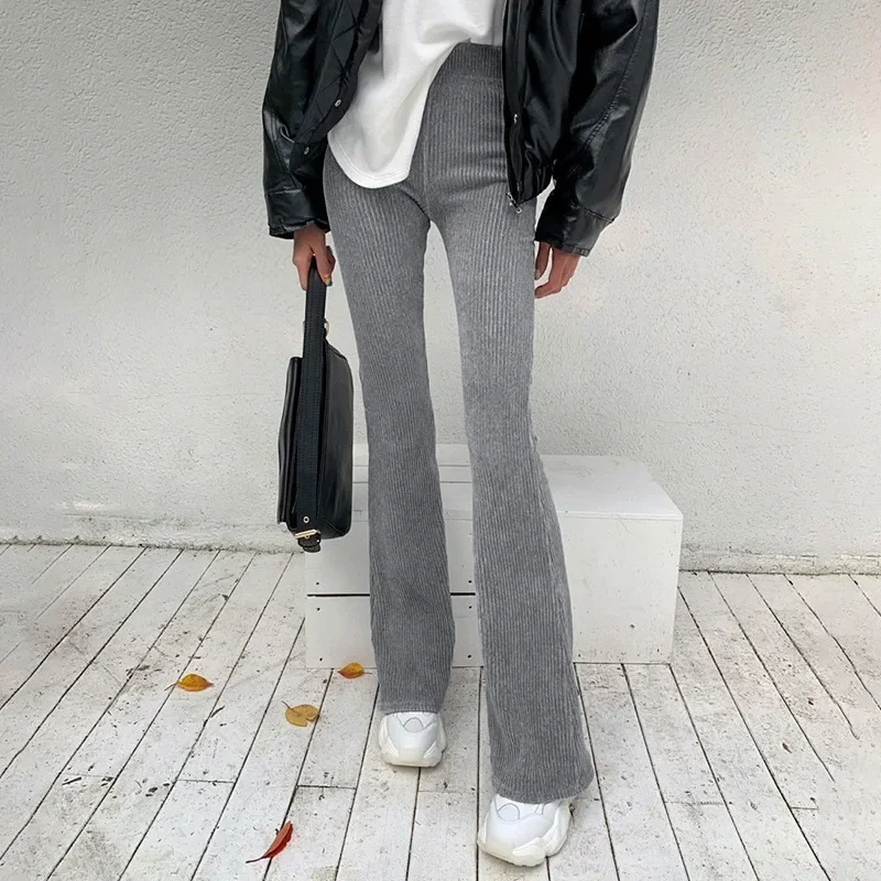 

Female Solid Color Slimming Long Trousers 2024 Fashion Casual Corduroy Pants Women Solid Elastic High Waist Flared Bell Bottoms