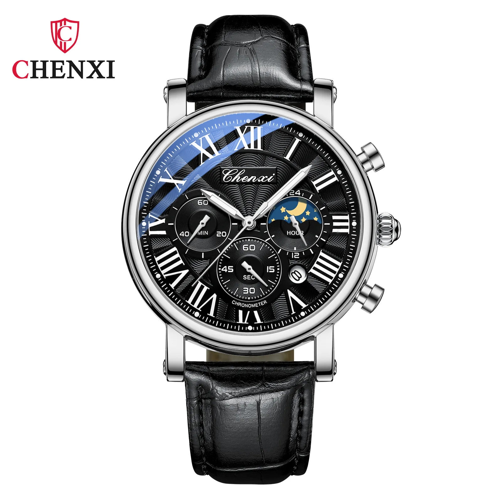 

Fashion Casual Multifunctional Mens Warches Buckle Leather Auto Date Chronograph Complete Calendar Moon Phase Luminous Hands