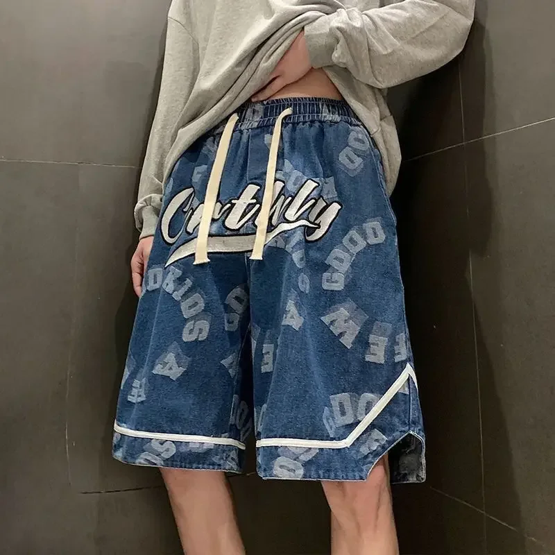 

American High Street Letter Print Denim Shorts Men's Trend Thin Loose Quarter Pants Fashion Brand Over Knee Straight Mid Pants