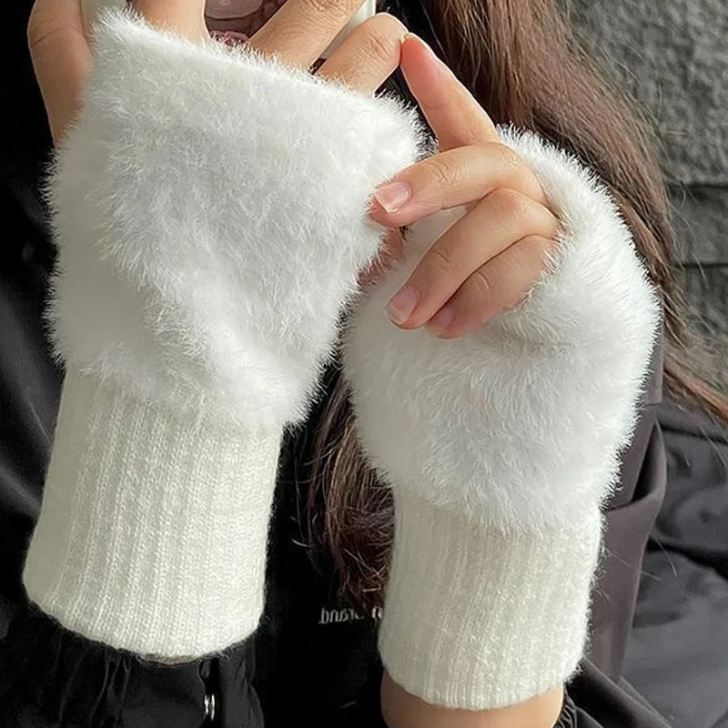 

Women Mink Fleece Soft Winter Half Finger Gloves Warm Luxury Solid White Plush Knitted Fingerless Gloves Wrist Mittens Writting